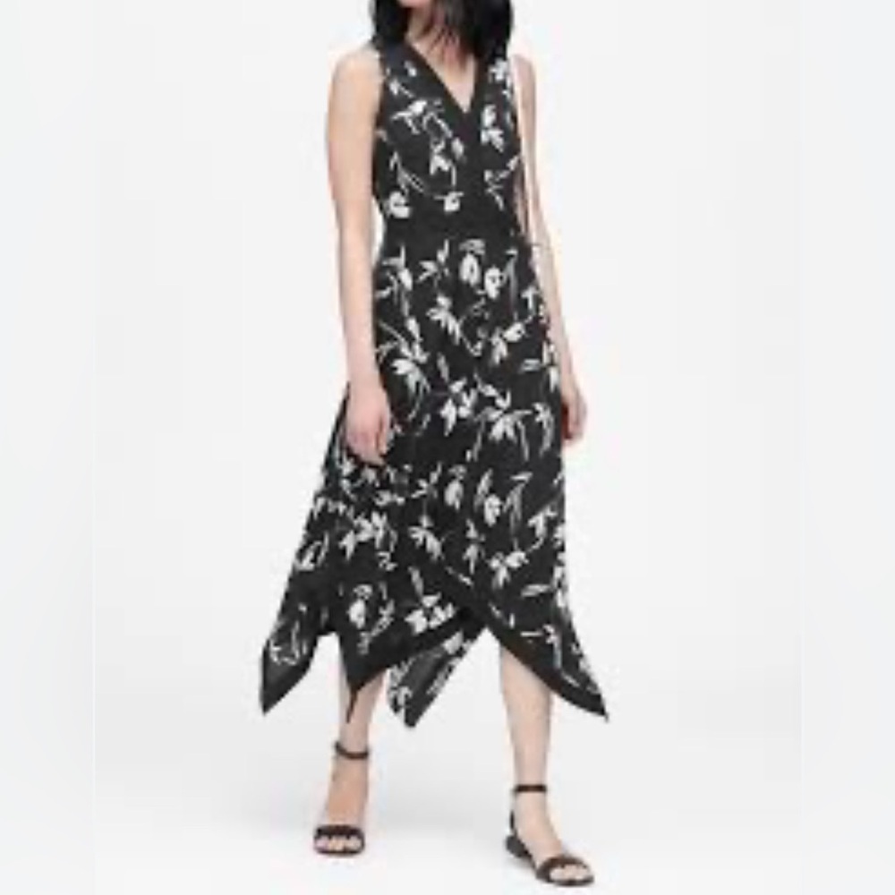 Banana Republic Floral Handkerchief Hem Dress Size 16 Black White Midi